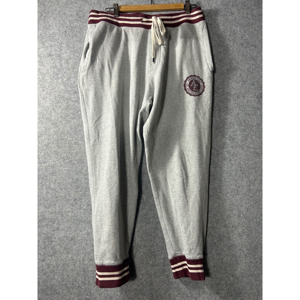 VTG American Eagle Mens Joggers Grey Burgundy Striped Trim Collegiate Logo Large